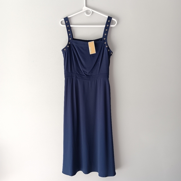 New Michael Kors Tank Midi Dress Grommets A-Line Square Neck Midnight Blue Small - Picture 1 of 13